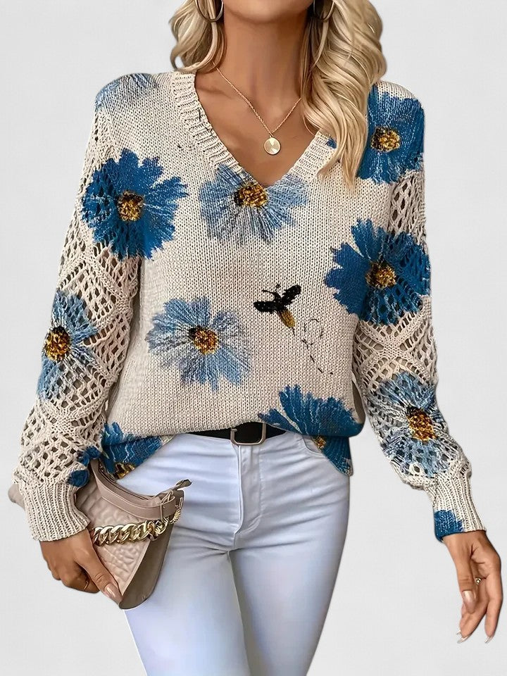 Anneke | Pullover mit Blumenmuster und Häkelärmeln 0