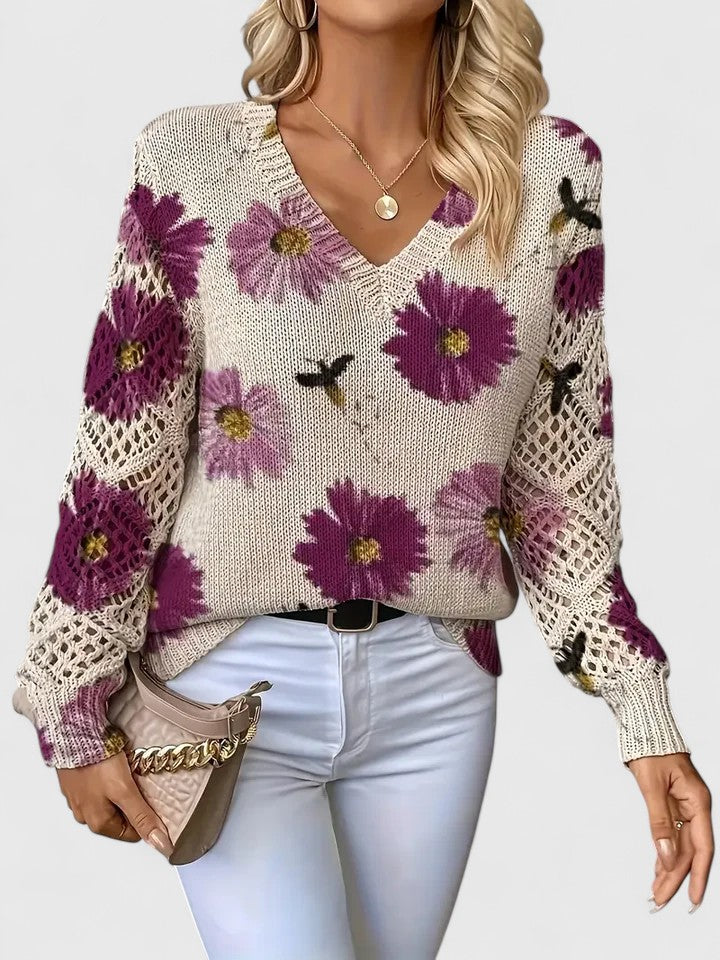 Anneke | Pullover mit Blumenmuster und Häkelärmeln 1