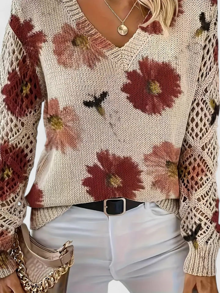 Anneke | Pullover mit Blumenmuster und Häkelärmeln 2