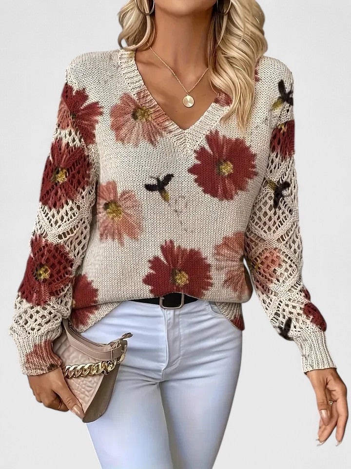 Anneke | Pullover mit Blumenmuster und Häkelärmeln 3