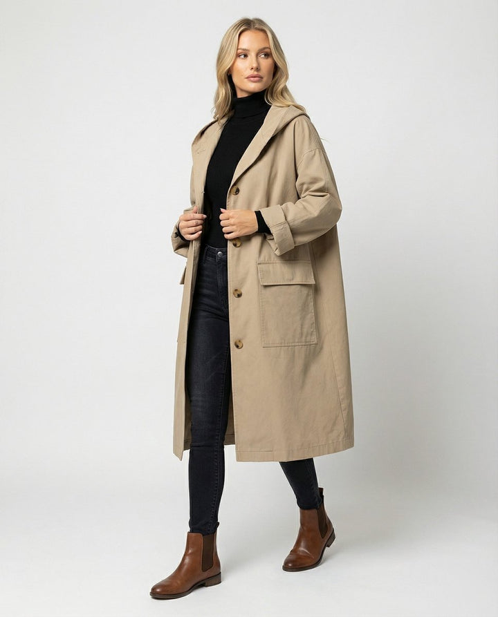 Annika | Damen Langer Wasserabweisender Windproof Trench Coat mit Kapuze 0
