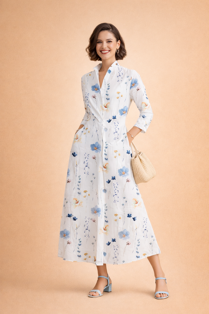 Blumiges Midikleid für Damen – Elegantes Sommerkleid mit 3/4-Ärmeln 0