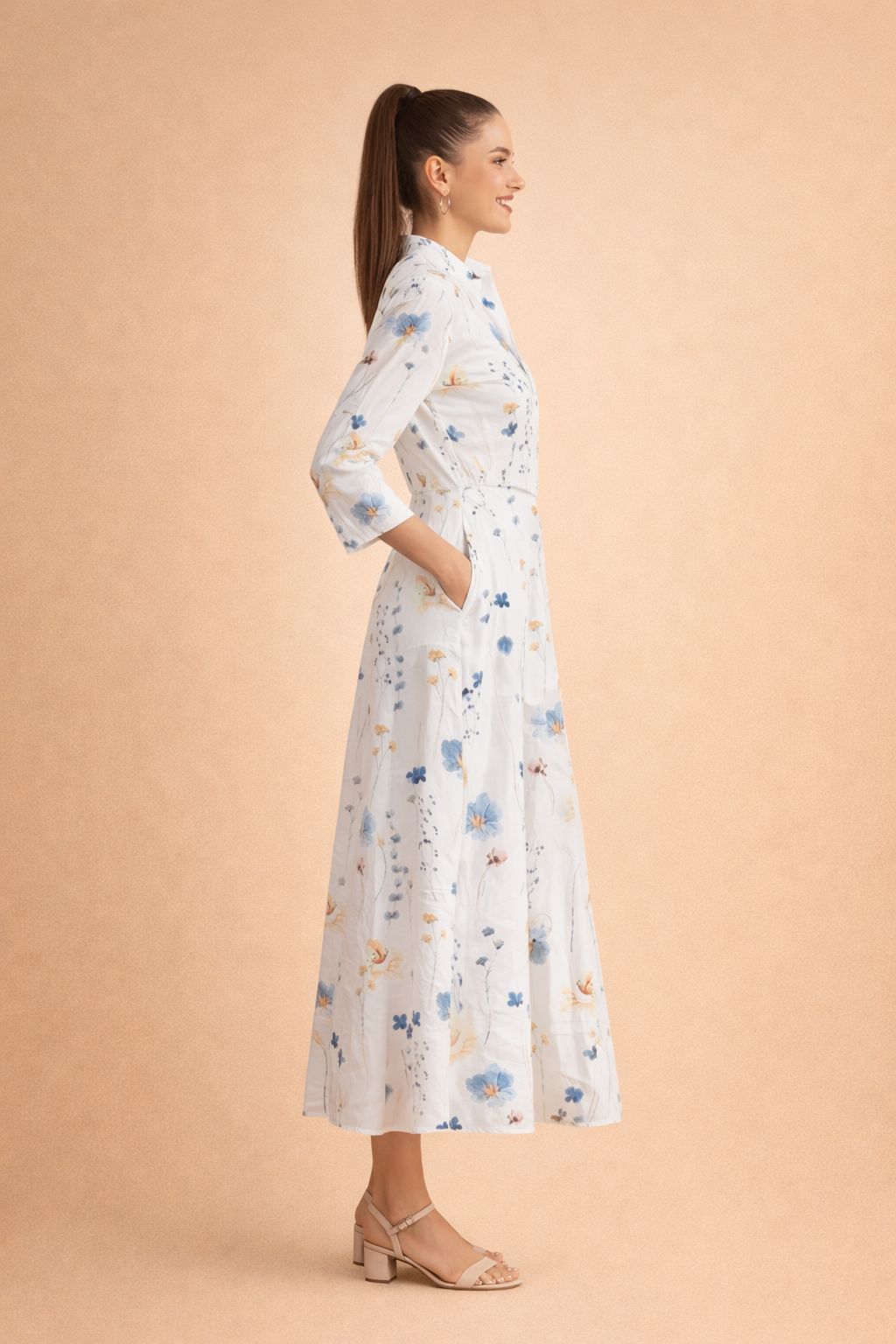 Blumiges Midikleid für Damen – Elegantes Sommerkleid mit 3/4-Ärmeln 1