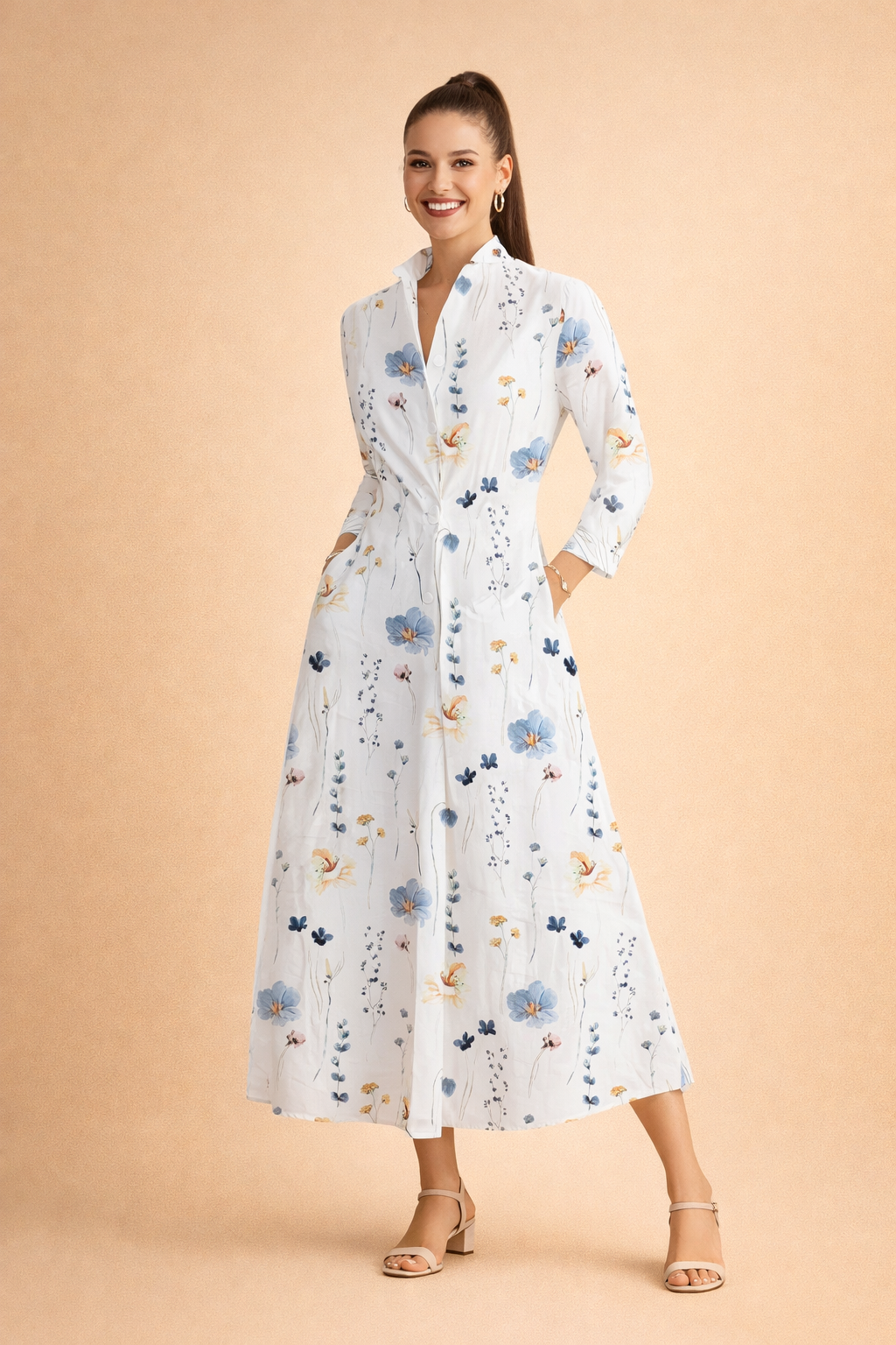 Blumiges Midikleid für Damen – Elegantes Sommerkleid mit 3/4-Ärmeln 4