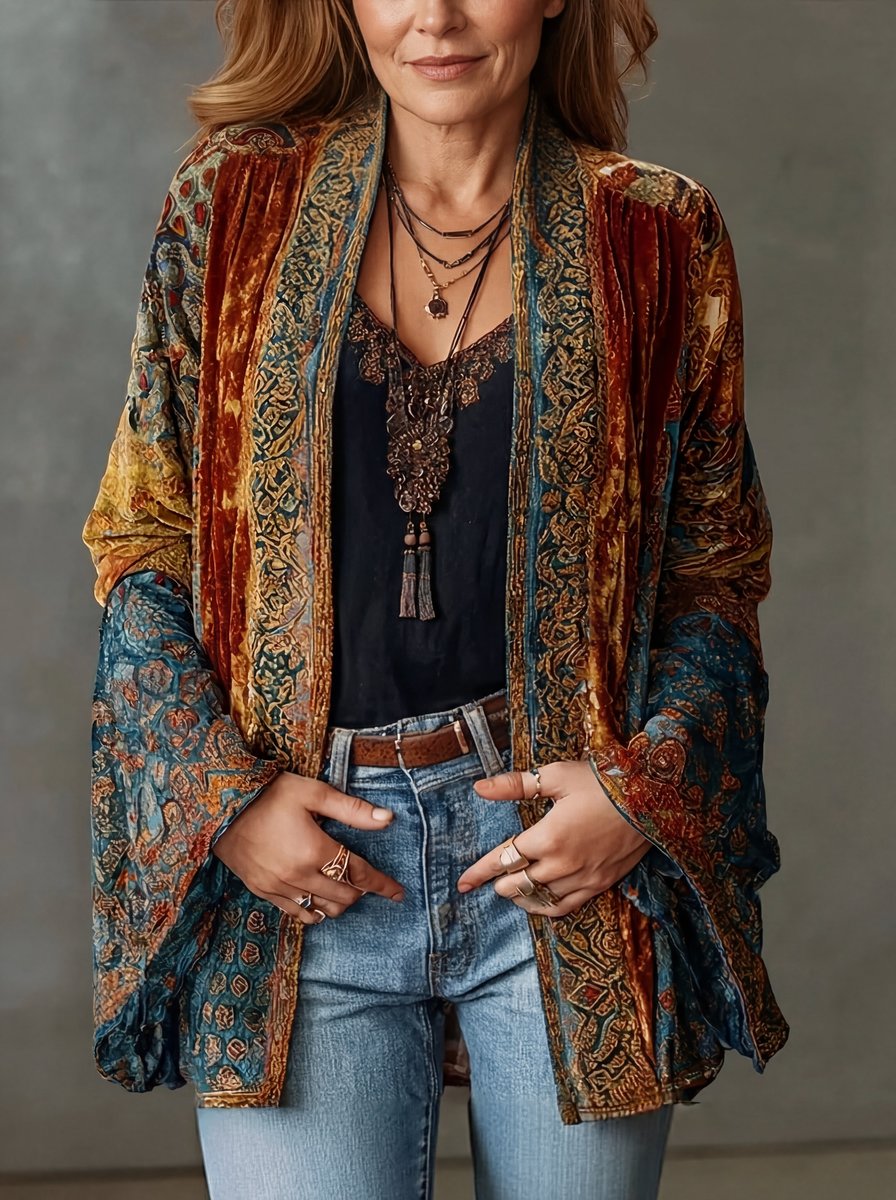 Damen Boho Steppjacke mit lockerer Passform und Vintage Kimono-Design 2