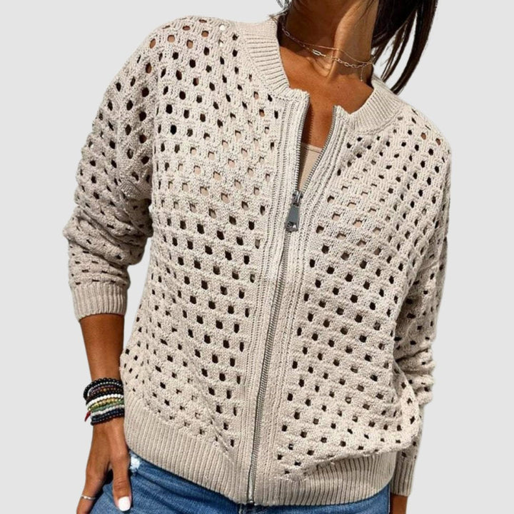 Damen Cardigan Hohlstrick mit Reißverschluss und lockerer Passform für Sommer und Alltag 0