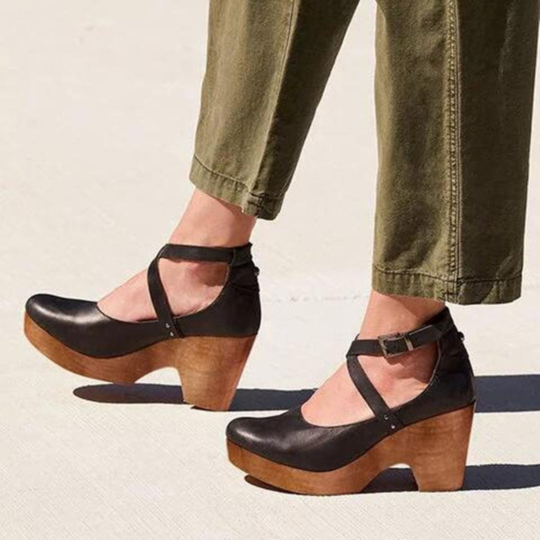Damen Holzabsatz Schuhe mit verstellbarem Knöchelriemen für eleganten Komfort 0