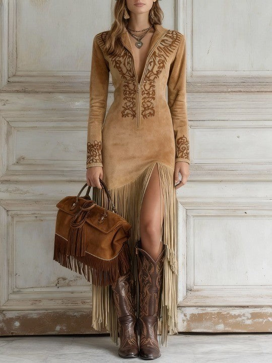 Damen Langarm Maxi Kleid mit Fransen Eleganter Boho Sommerlook 1
