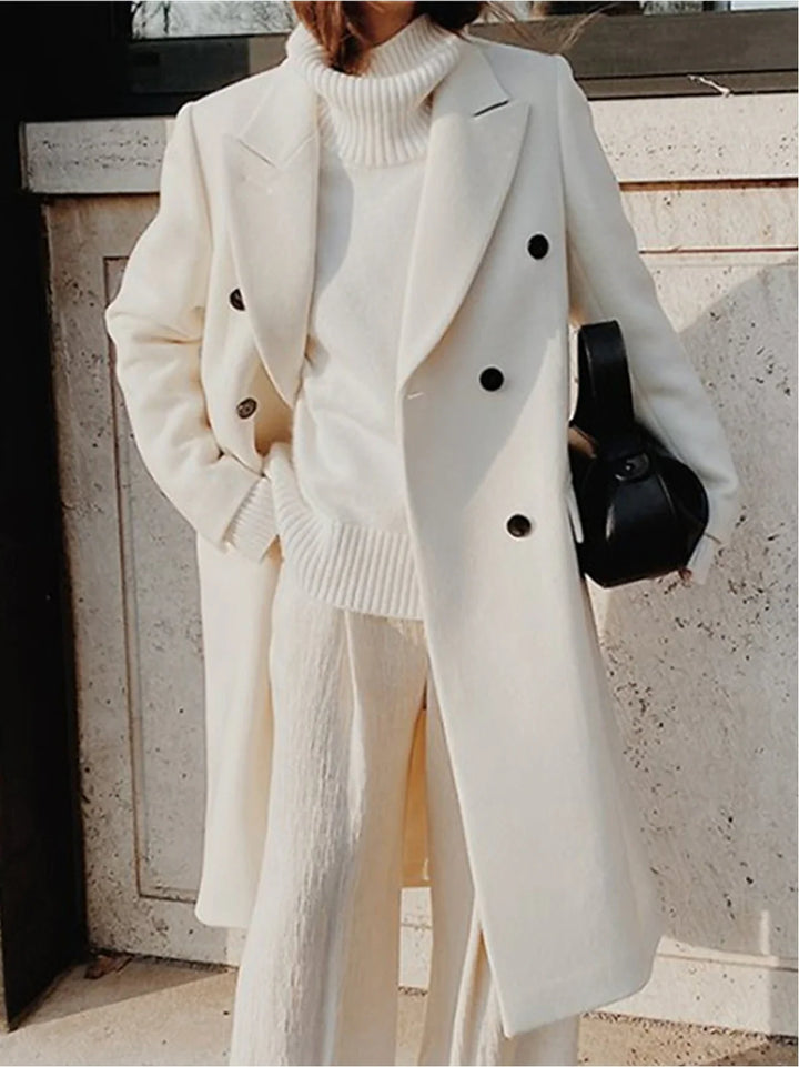 Damen Langmantel Doppelreiher mit Fallendem Revers Eleganter Mantel für Herbst und Winter 1