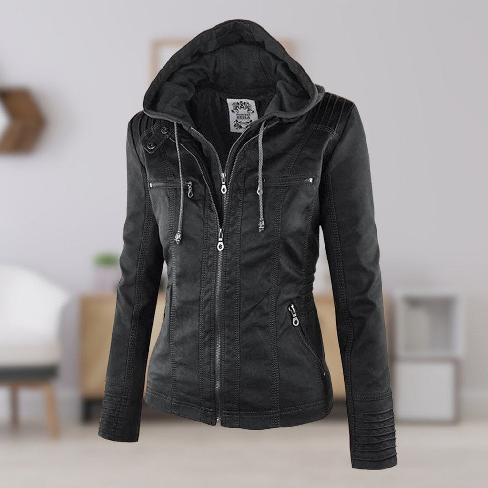 Damen Motorradmantel mit abnehmbarer Kapuze Slim Fit Kunstlederjacke für Herbst und Frühling 1