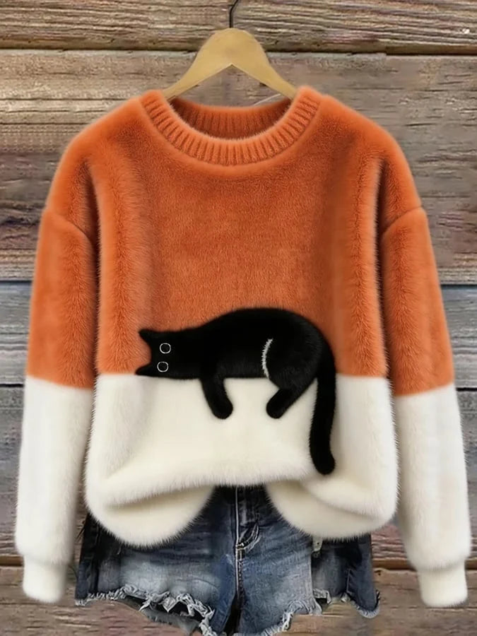 Damen Oversized Pullover mit Farbblockdesign und Katzenmotiv 2