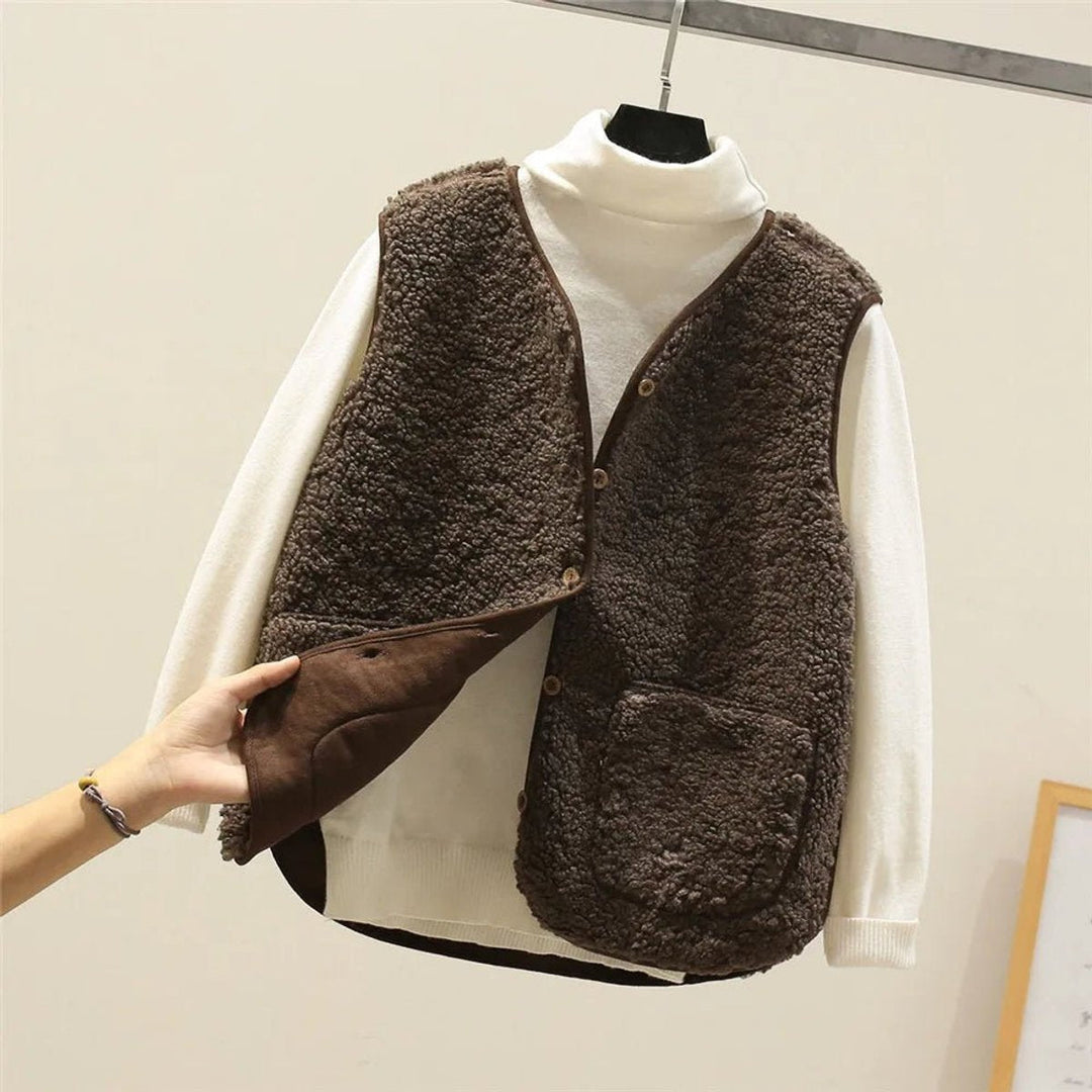 Damen Pufferweste Wendbar Sherpa-Fleece mit Knopfleiste Warme Steppweste 0