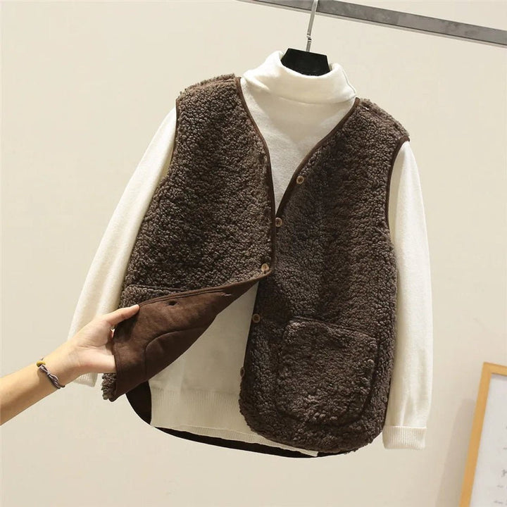 Damen Pufferweste Wendbar Sherpa-Fleece mit Knopfleiste Warme Steppweste 0