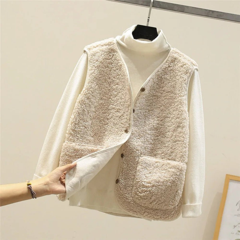 Damen Pufferweste Wendbar Sherpa-Fleece mit Knopfleiste Warme Steppweste 1