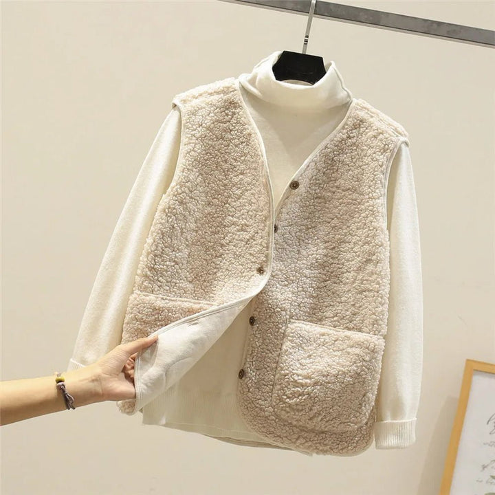 Damen Pufferweste Wendbar Sherpa-Fleece mit Knopfleiste Warme Steppweste 1