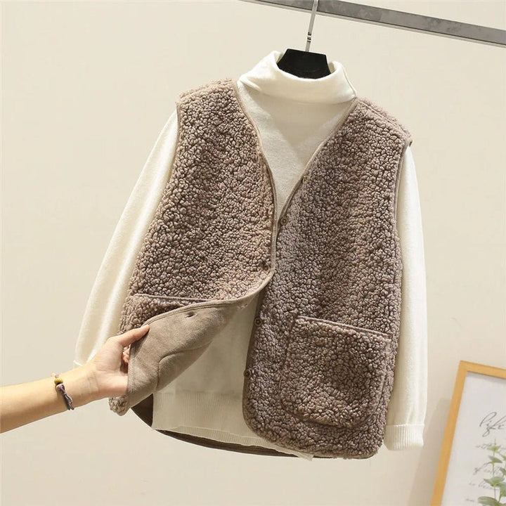 Damen Pufferweste Wendbar Sherpa-Fleece mit Knopfleiste Warme Steppweste 2
