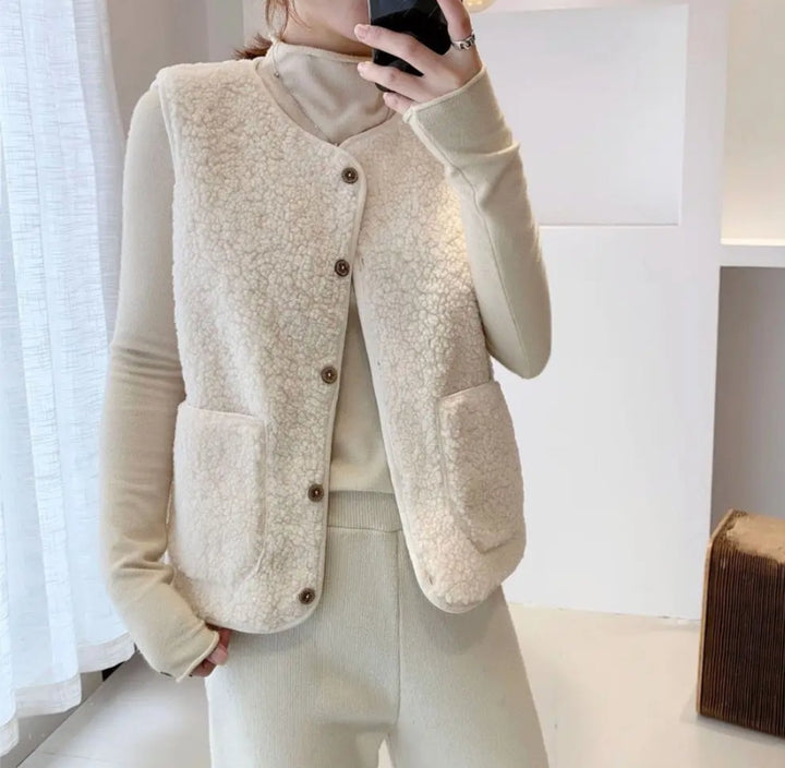 Damen Pufferweste Wendbar Sherpa-Fleece mit Knopfleiste Warme Steppweste 5