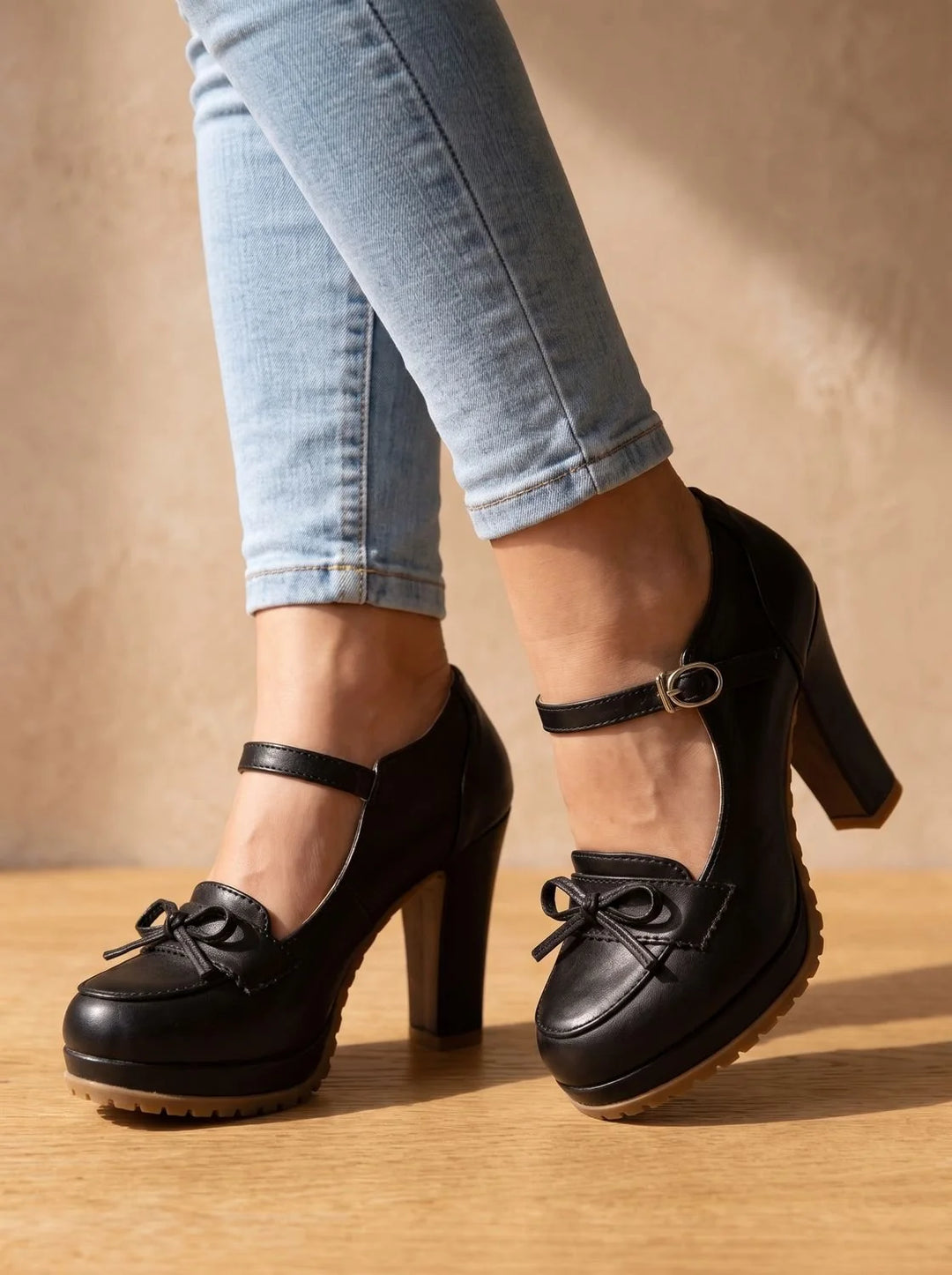 Damen Pumps mit Orthopädischer Arch Support, Blockabsatz und Schleife im Mary-Jane-Stil 0