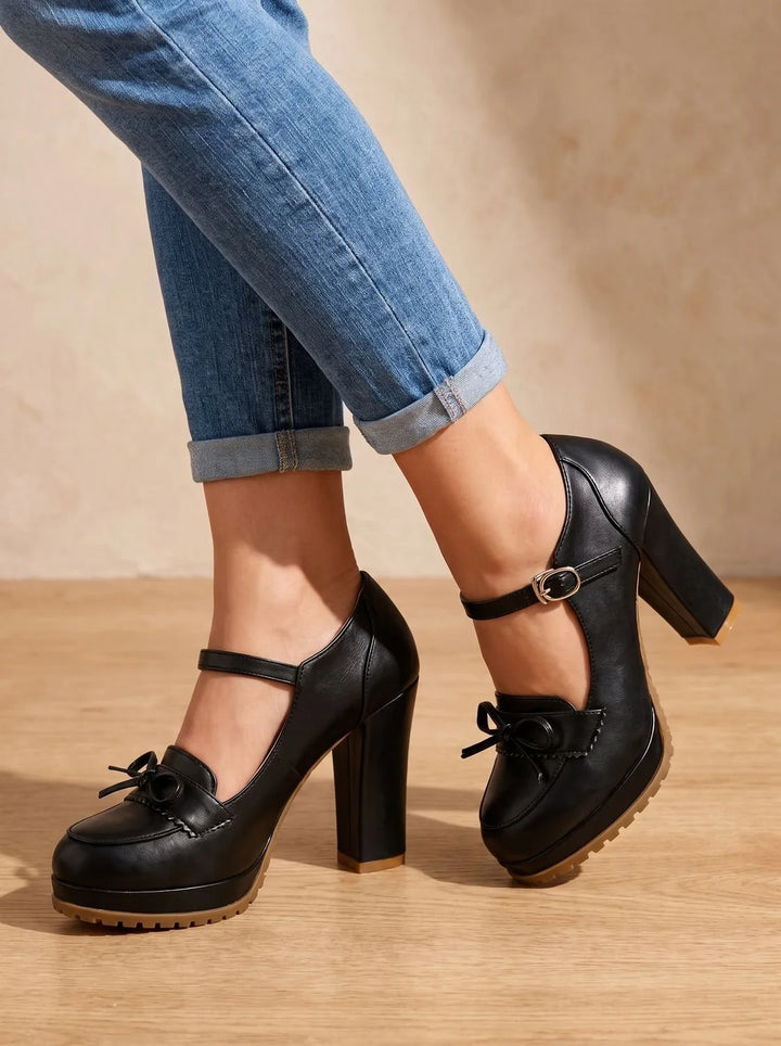 Damen Pumps mit Orthopädischer Arch Support, Blockabsatz und Schleife im Mary-Jane-Stil 1