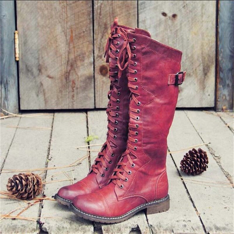 Damen Reitstiefel mit Hohem Schnürverschluss Elegante Outdoor Stiefel 1
