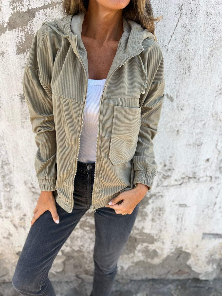 Damen Steppjacke mit Kapuze und Reißverschluss Oversize Cordjacke für Alltag 1