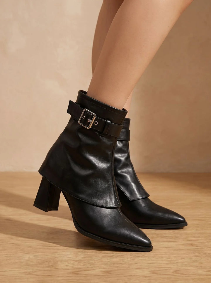 Damen Stiefeletten mit Spitzkappe und verstellbarem Schnallengürtel – Eleganter Blockabsatz für Komfort 4