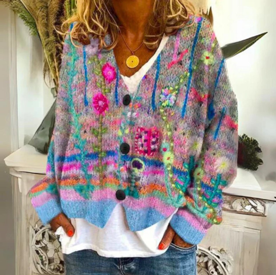 Damen Strickjacke mit Blumenmuster und Knopfleiste – Legerer Cardigan für Sommer und Übergang 0