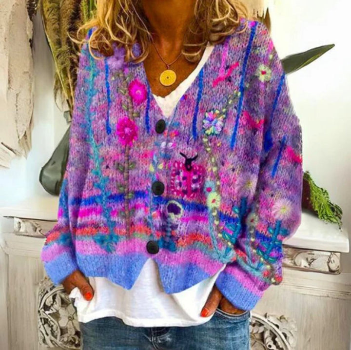 Damen Strickjacke mit Blumenmuster und Knopfleiste – Legerer Cardigan für Sommer und Übergang 1