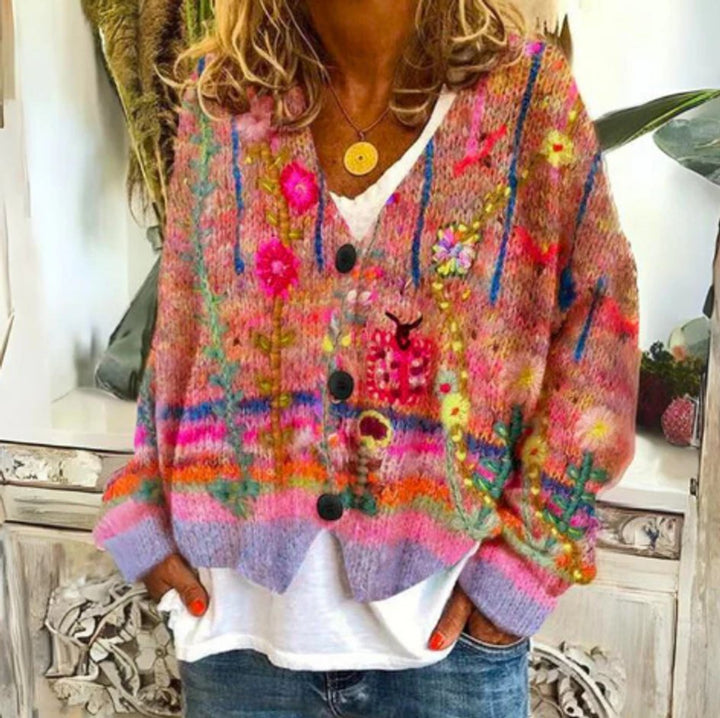 Damen Strickjacke mit Blumenmuster und Knopfleiste – Legerer Cardigan für Sommer und Übergang 2