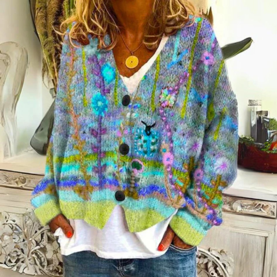 Damen Strickjacke mit Blumenmuster und Knopfleiste – Legerer Cardigan für Sommer und Übergang 3