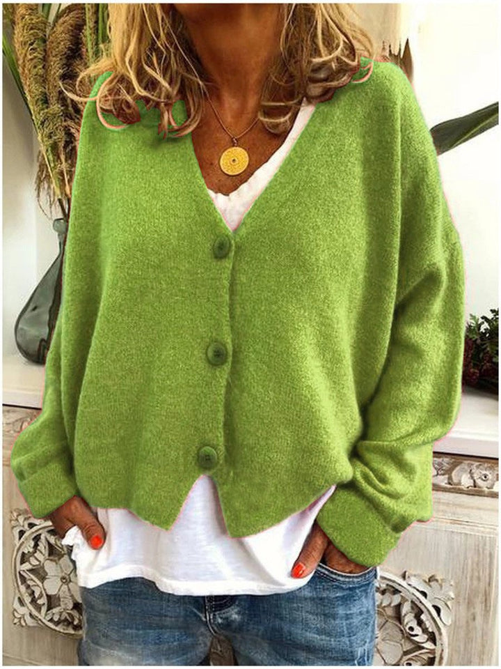 Damen Strickjacke mit V-Ausschnitt und Knopfleiste Lockerer Cardigan für Alltag und Büro 3