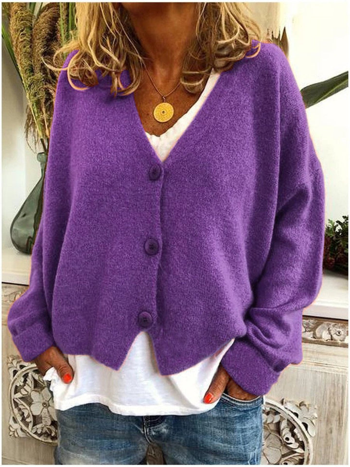 Damen Strickjacke mit V-Ausschnitt und Knopfleiste Lockerer Cardigan für Alltag und Büro 4