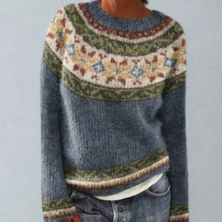 Damen Strickpullover Rundhals Retro Norweger Muster Warmer Herbstpullover 0