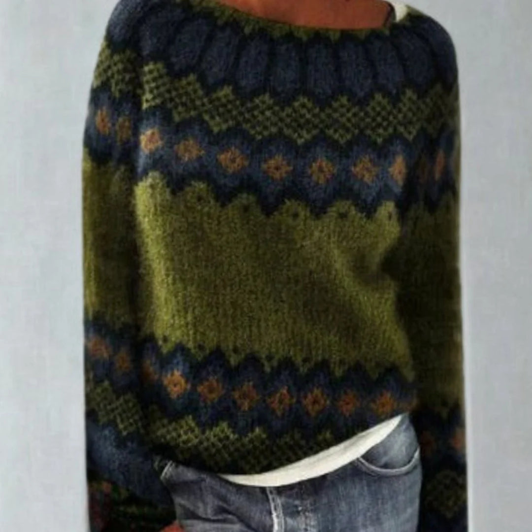 Damen Strickpullover Rundhals Retro Norweger Muster Warmer Herbstpullover 1