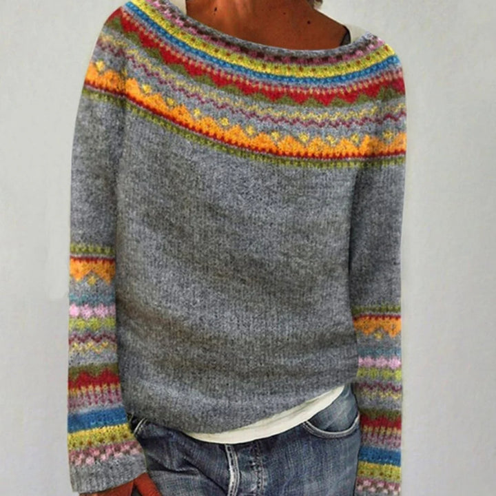 Damen Strickpullover Rundhals Retro Norweger Muster Warmer Herbstpullover 2