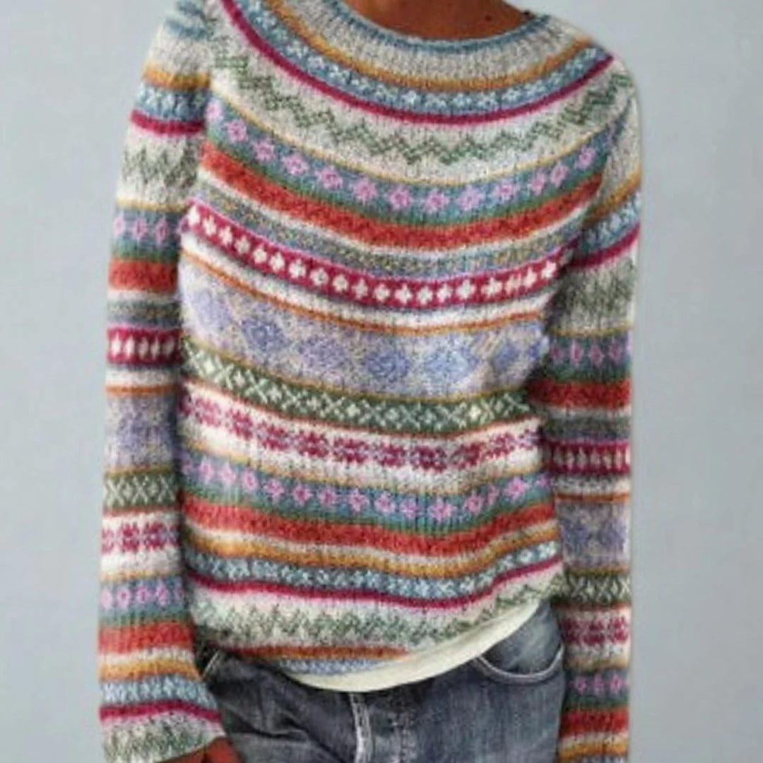 Damen Strickpullover Rundhals Retro Norweger Muster Warmer Herbstpullover 3