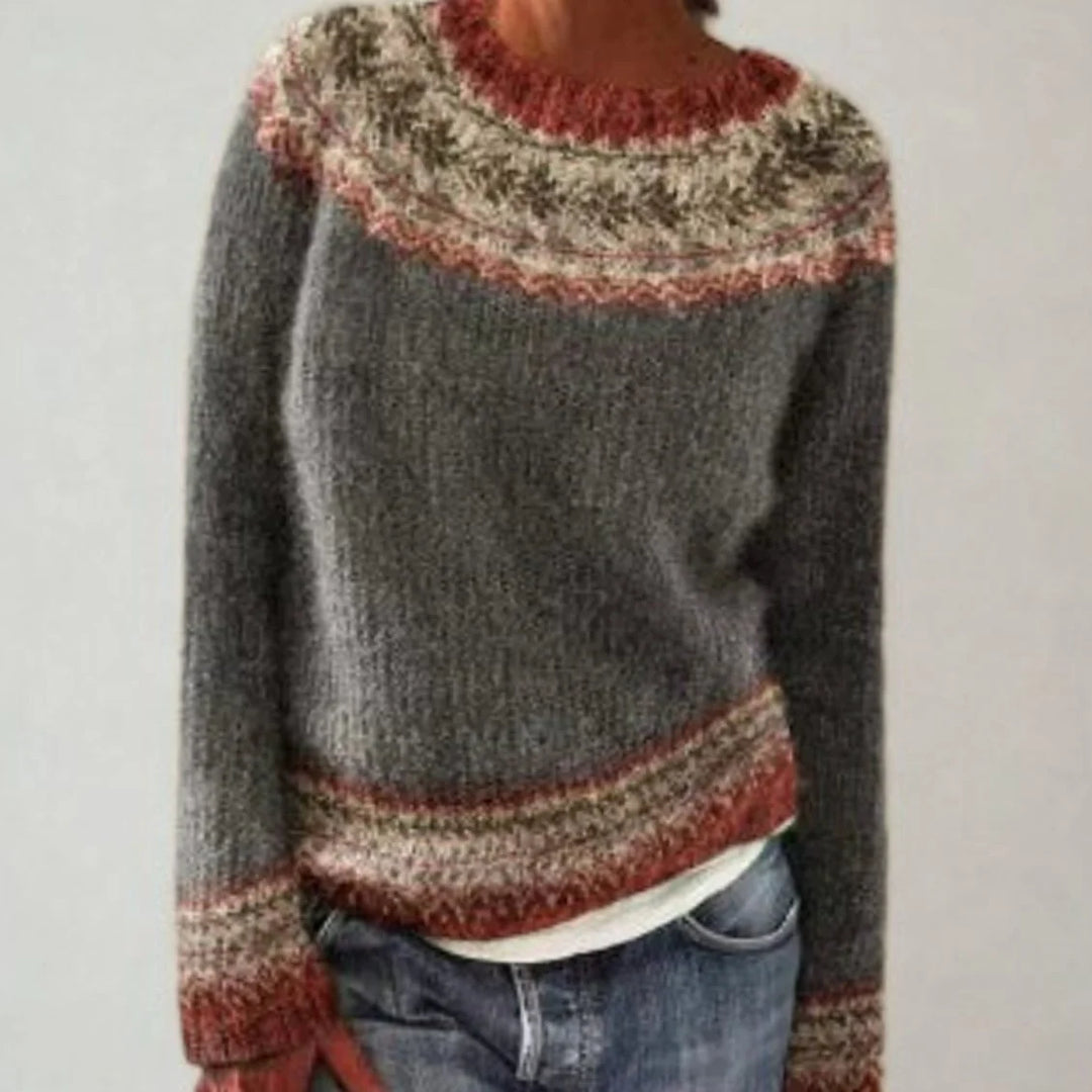 Damen Strickpullover Rundhals Retro Norweger Muster Warmer Herbstpullover 4