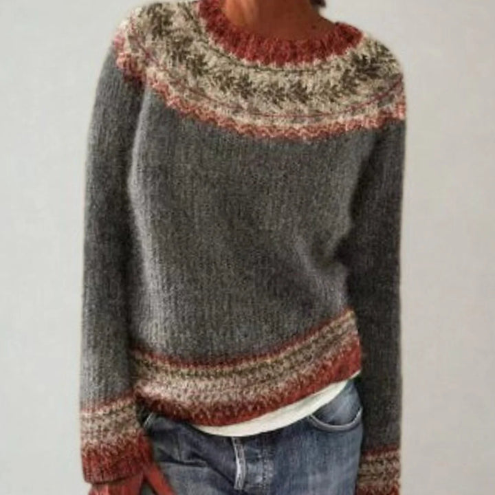Damen Strickpullover Rundhals Retro Norweger Muster Warmer Herbstpullover 4