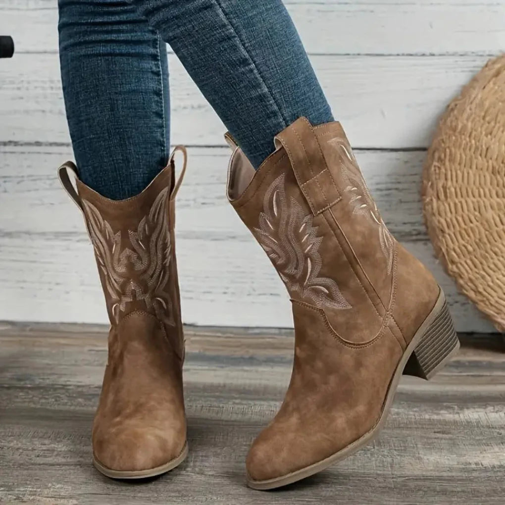 Damen Western Stiefel mit Stickerei und robuster Sohle für Herbst und Winter 0