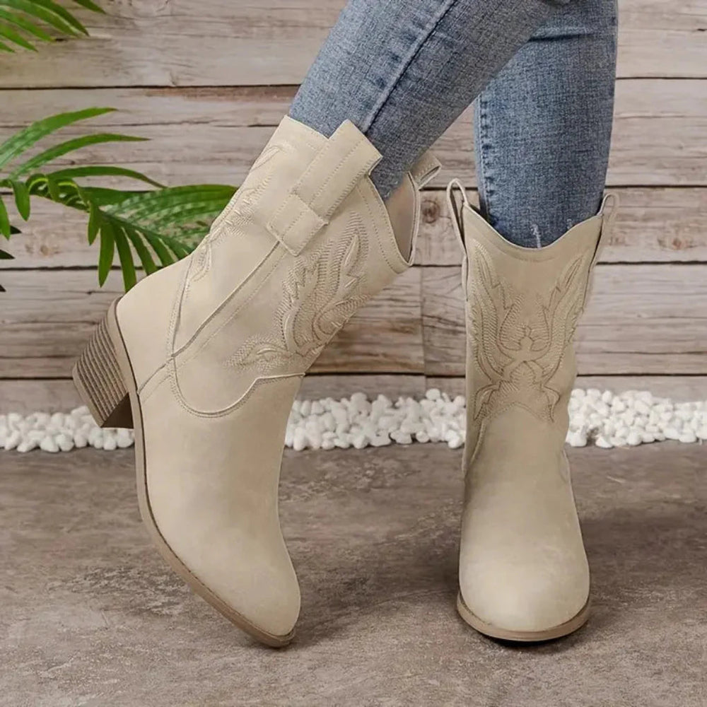 Damen Western Stiefel mit Stickerei und robuster Sohle für Herbst und Winter 1