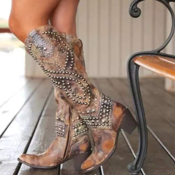Damen Westernstiefel Knielang mit Nieten – Moderner Western-Look 0