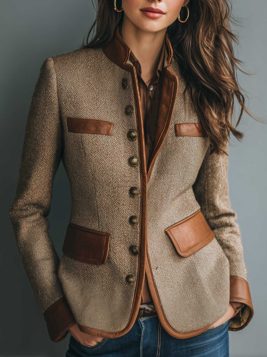 Damenjacke im Vintage-Stil mit Fischgrätenmuster und Lederbesatz – Taillierte Tweed-Blazerjacke 0