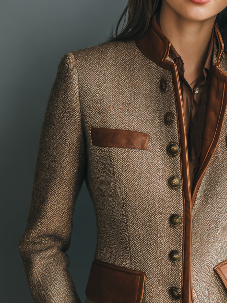 Damenjacke im Vintage-Stil mit Fischgrätenmuster und Lederbesatz – Taillierte Tweed-Blazerjacke 1
