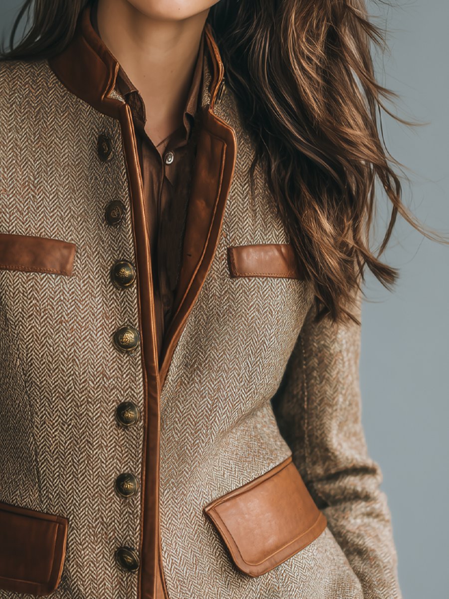 Damenjacke im Vintage-Stil mit Fischgrätenmuster und Lederbesatz – Taillierte Tweed-Blazerjacke 2