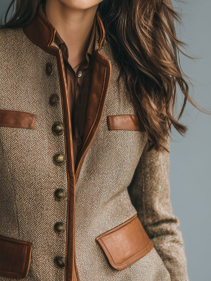 Damenjacke im Vintage-Stil mit Fischgrätenmuster und Lederbesatz – Taillierte Tweed-Blazerjacke 2