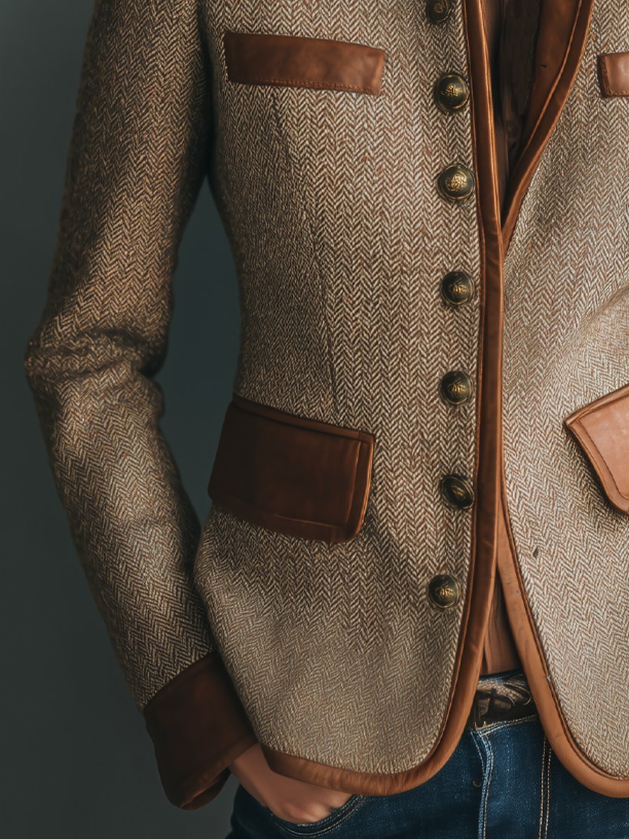 Damenjacke im Vintage-Stil mit Fischgrätenmuster und Lederbesatz – Taillierte Tweed-Blazerjacke 3