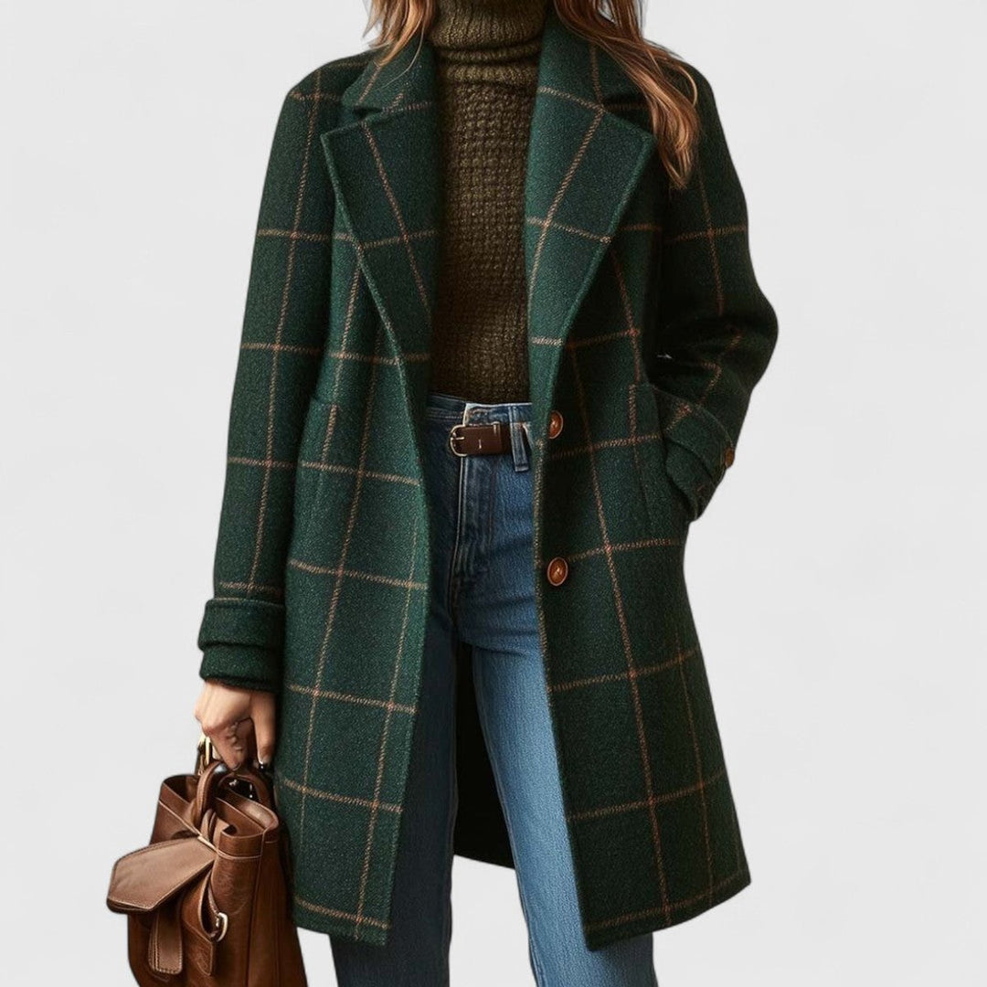 Damenmantel Kariert Lang mit Reverskragen Eleganter Wollmix für Herbst und Winter 0