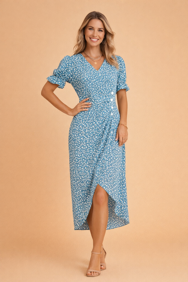 Elegantes Blumendruck Midikleid für Damen - A-Linie mit V-Ausschnitt 1