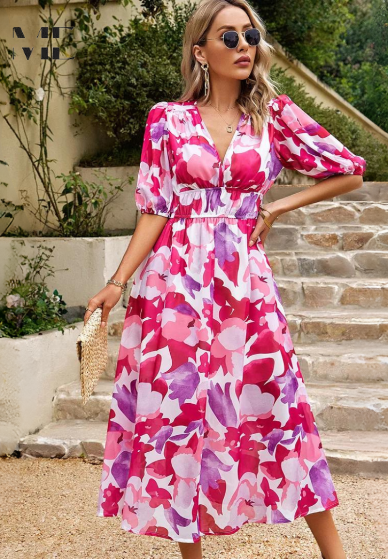 Elegantes Blumenkleid Damen – Romantisches Kleid für Sommer, Brunch und Partys, Figurschmeichelnder Schnitt, Vielseitig Kombinierbar 11
