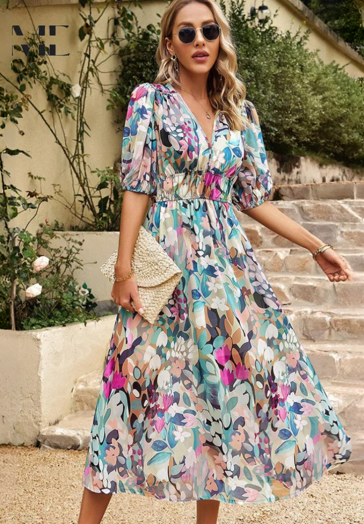 Elegantes Blumenkleid Damen – Romantisches Kleid für Sommer, Brunch und Partys, Figurschmeichelnder Schnitt, Vielseitig Kombinierbar 4